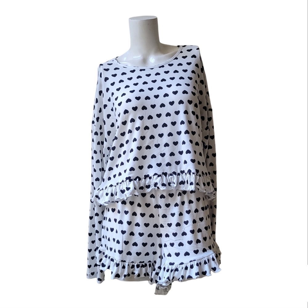 Flowy Lettuce Trim Heart Pajama Set - Picture 1 of 6